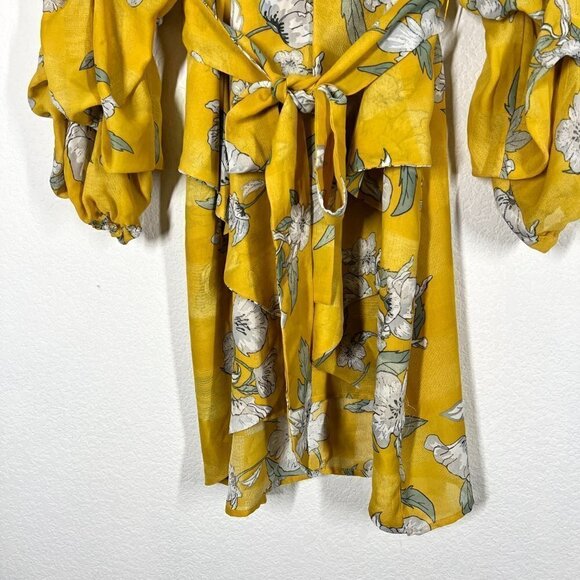 Chriselle Mini Dress Yellow Floral Ruffle Sleeve XL - Picture 7 of 12